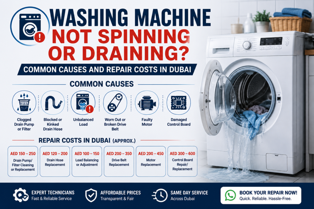 Washing Machine Not Spinning or Draining? Common Causes and Repair Costs in Dubai